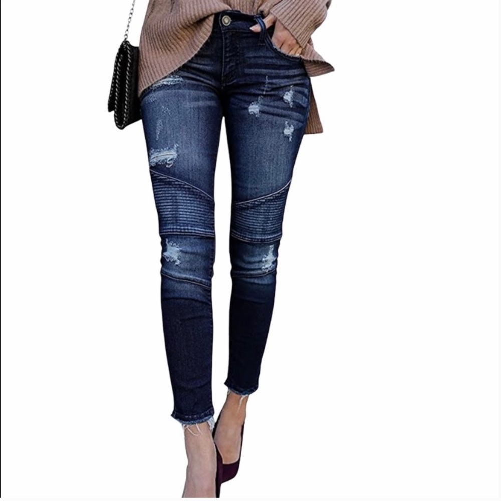 Kancan Moto Skinny Ankle Distressed Raw Hem Jeans